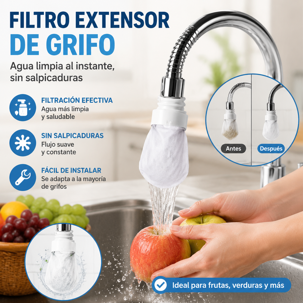 🚰 150 filtros + 30 bandas de velcro✨ Filtro Antisalpicaduras para Grifo de Cocina | Filtra Sedimentos, Óxido e Impurezas en Segundos 💧