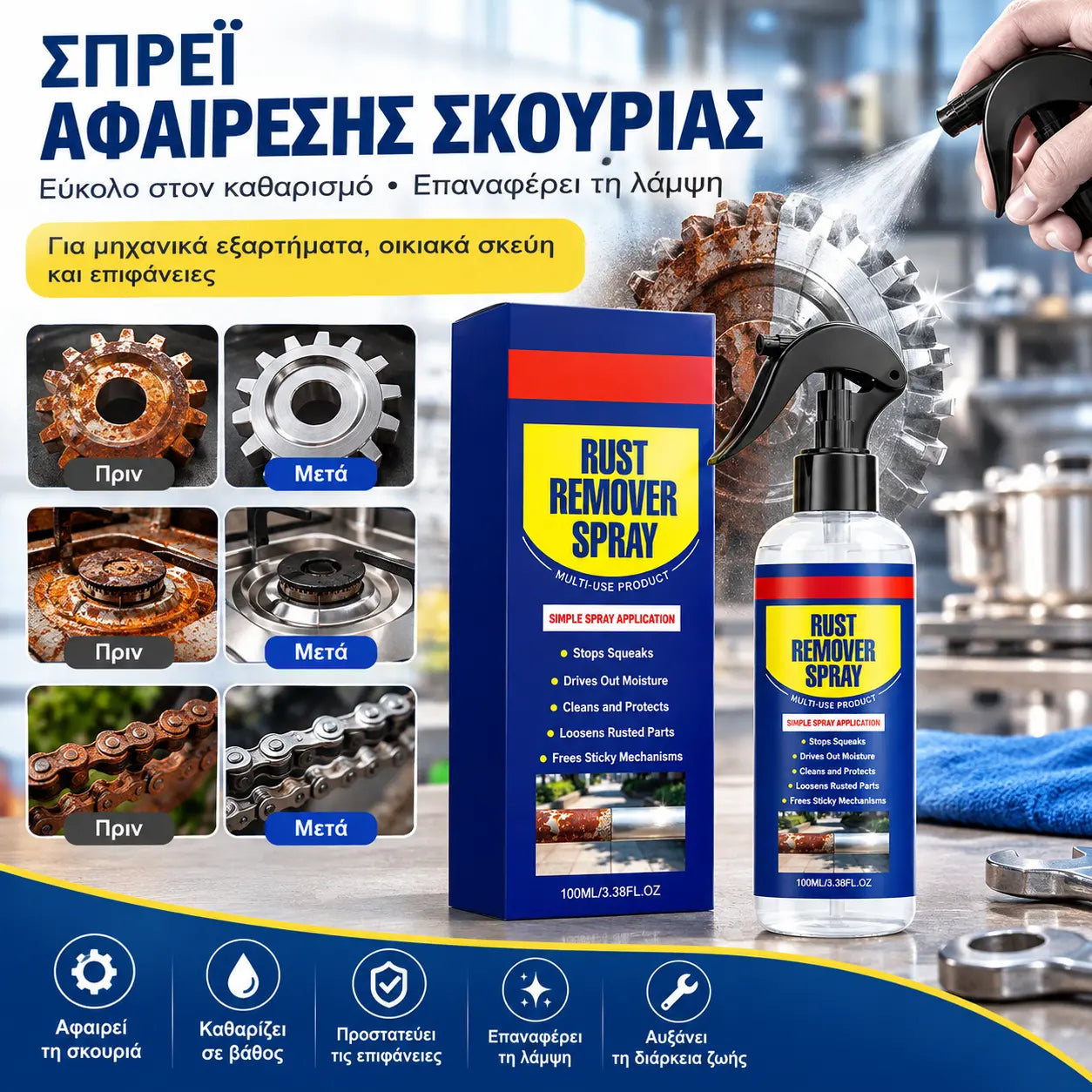 Rozsdaeltávolító spray: Könnyedén eltávolítja a rozsdát a gépalkatrészekről és az edények felületéről, amelyeket fényessé és újszerűvé varázsol.