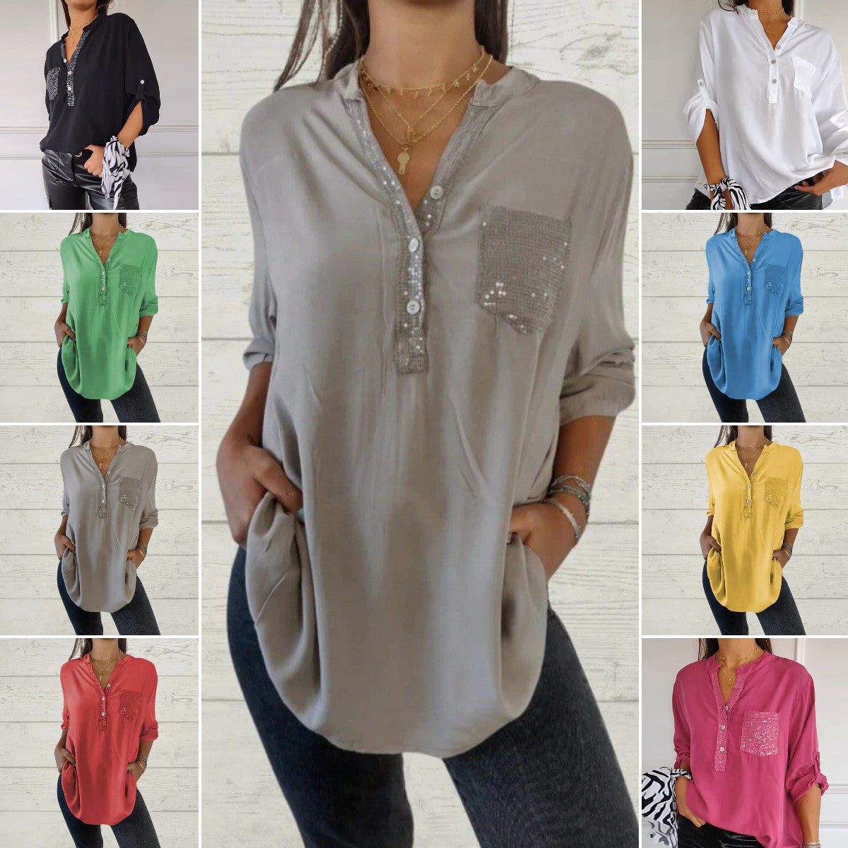 🔥【S-5XL】nueva camisa casual de color sólido con cuello en V
