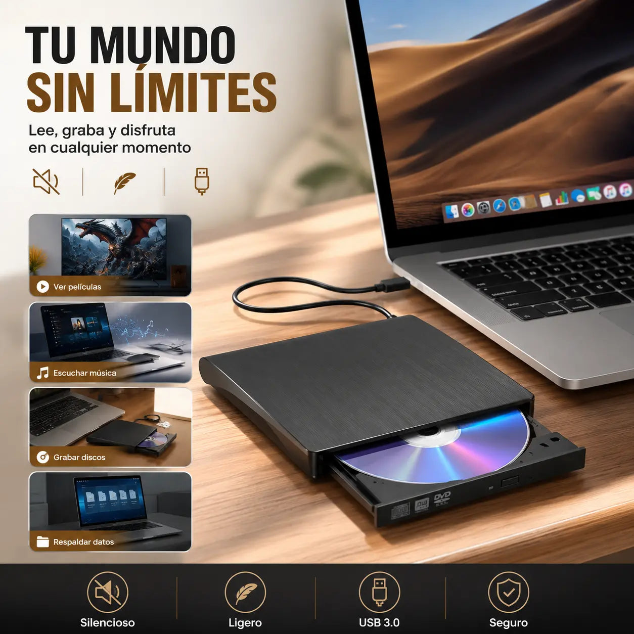 📢📢¡50% de descuento! 💿💻 Lector de CD/DVD Externo – Plug & Play, Portátil y Compatible con Mac/Windows