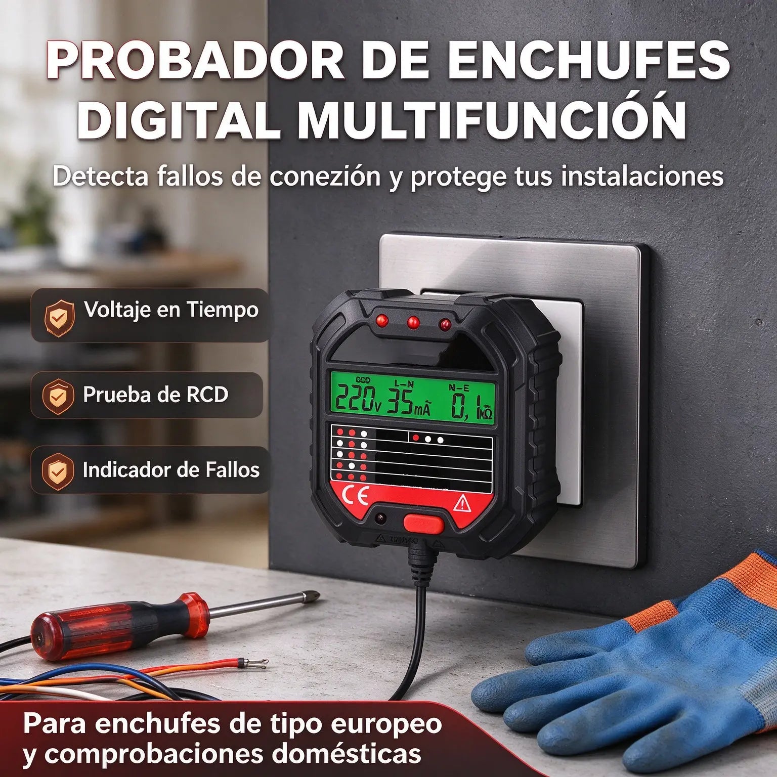 🔌⚡ Comprobador digital multifuncional de tomas de corriente, detector de secuencia de fases y verificador de cableado – Herramienta para probar enchufes con pantalla 🛠️✅