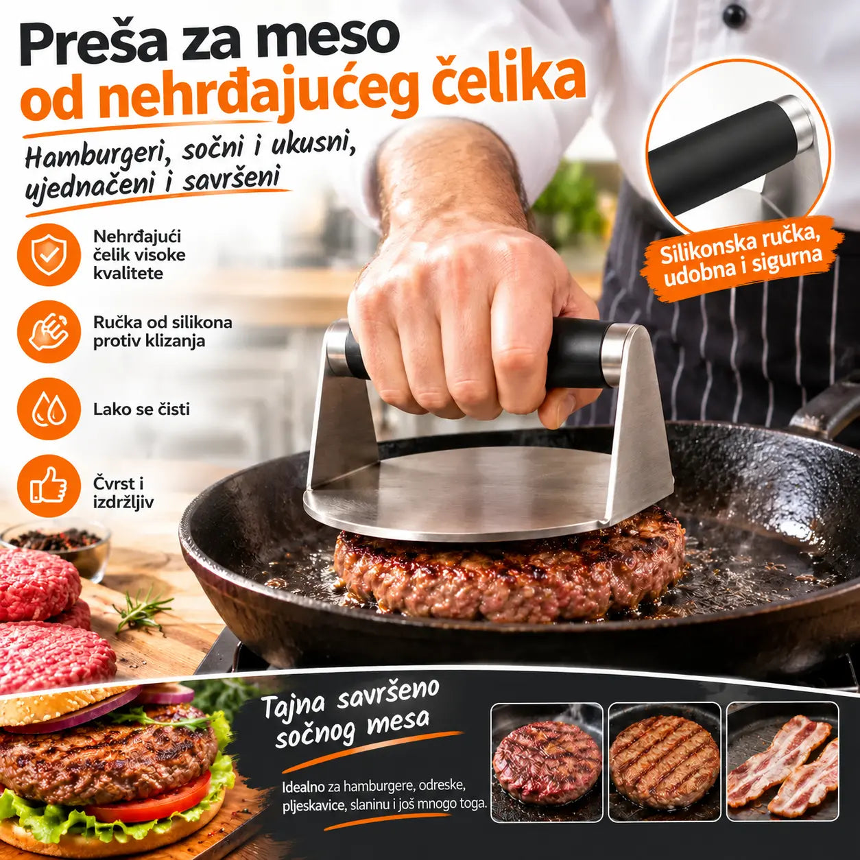 🍗🥩Preša za meso od nehrđajućeg čelika sa silikonskom ručkom