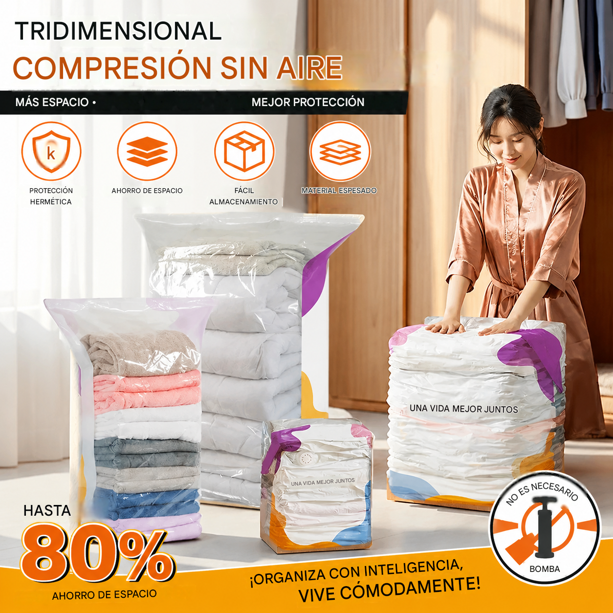 🧳【Juego de 4 piezas】💨 Bolsa de almacenamiento al vacío grande y compresible: no requiere bomba, es a prueba de fugas e ideal para ahorrar espacio en maletas y en casa ✈️