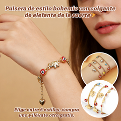 📿 ¡OFERTA POR TIEMPO LIMITADO CON UN 50% DE DESCUENTO! 🌀 Pulsera boho con amuletos y un elefante de la suerte: colgantes simbólicos, forma ajustable, baño de oro y 7 estilos ✨