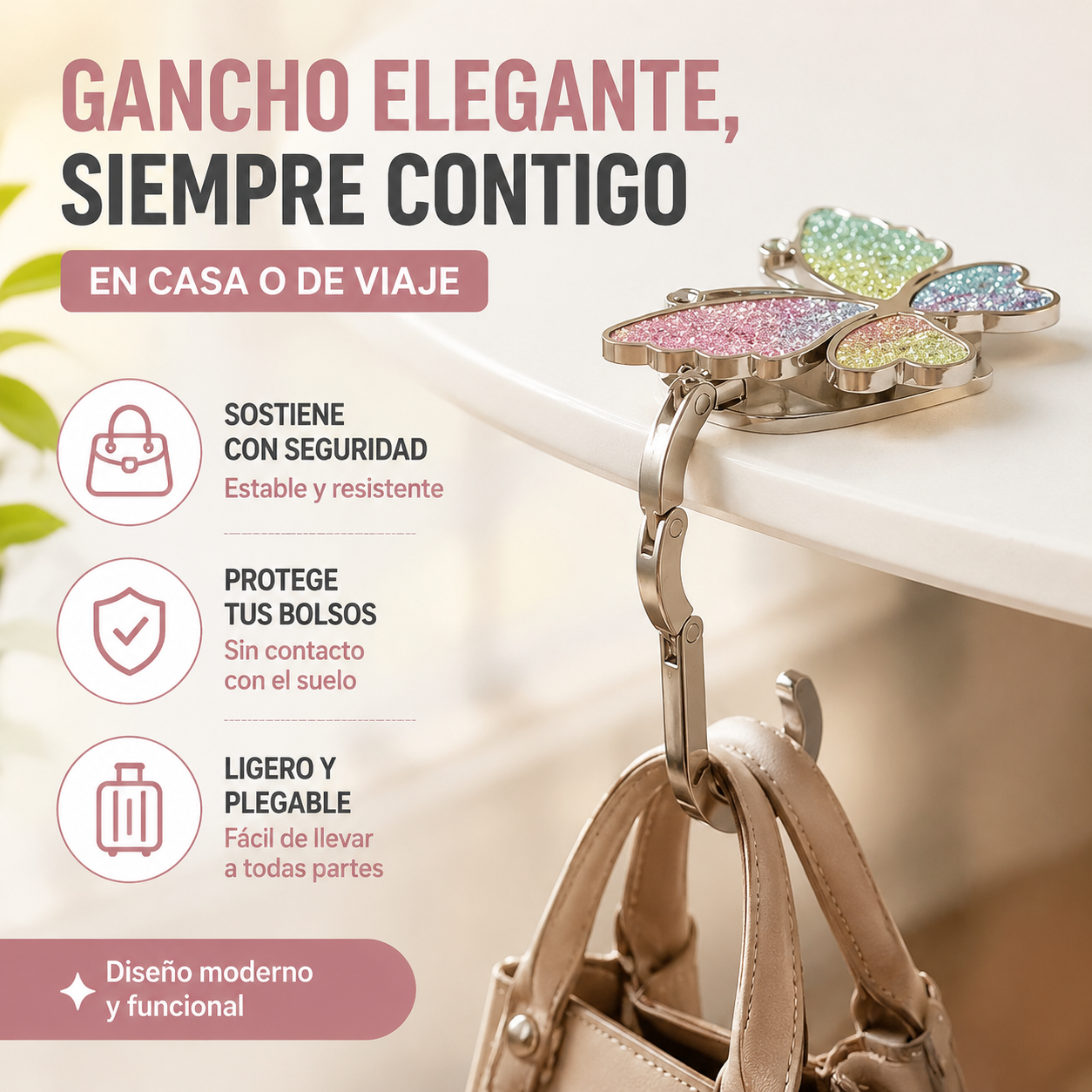 🦋👜【Compra uno y llévate otro gratis】Gancho plegable para bolso con forma de mariposa colorida