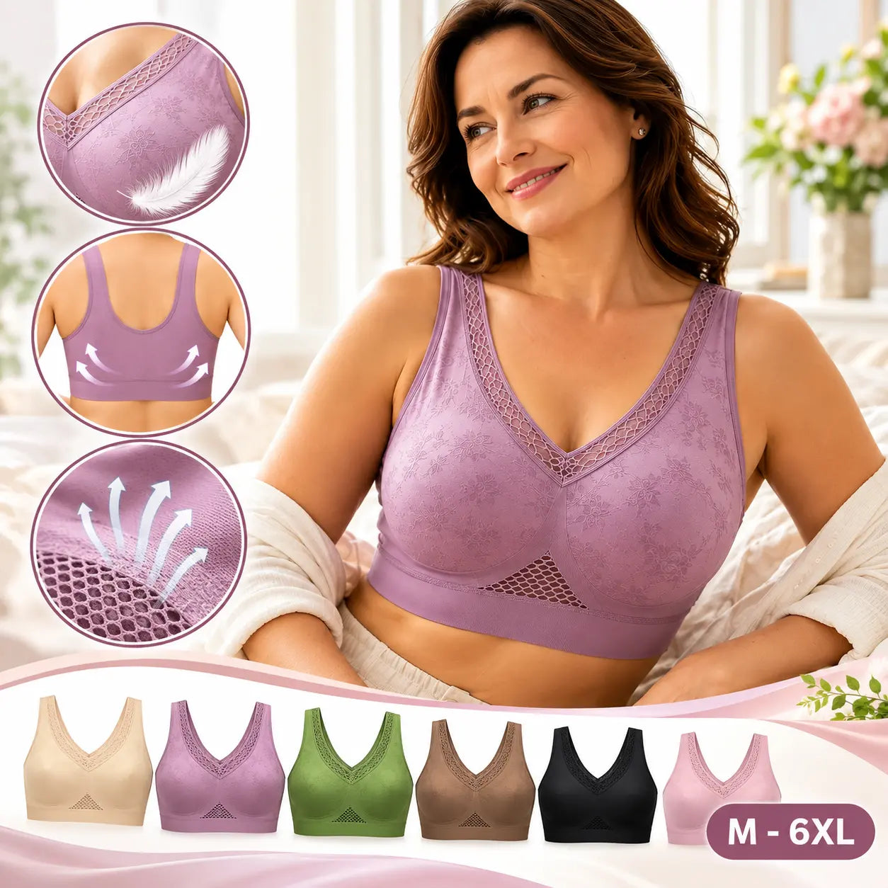 40-120 kg【Paquete de 3】Sujetador de encaje sin aros para mujer, alta sujeción