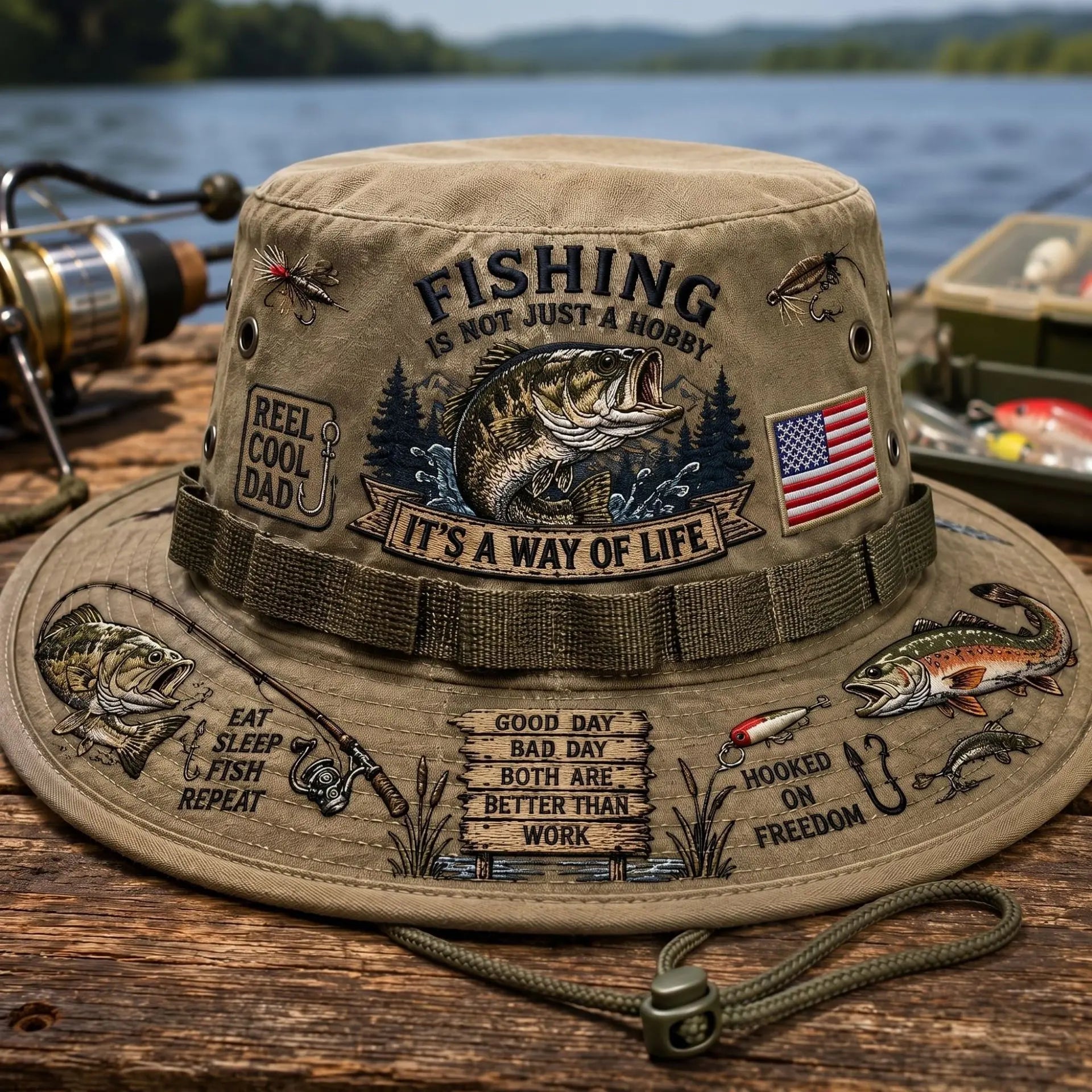 🎣Sombrero de pescador retro, decorado con un estampado de lubina y elementos de exterior, transpirable y con protección solar.