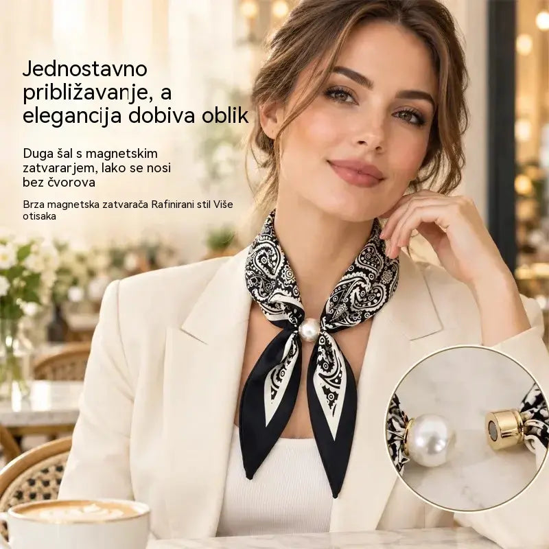 🧣【Set od 4 komada】✨ Ženski svileni šal s biserima i magnetskim zatvaranjem | Elegantan, bez čvorova | Razni printovi 🎀