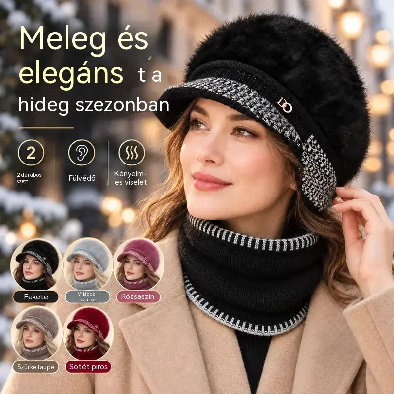 ❄️Elegáns, kétrészes téli szett: nyúlszőr-keverék baseballsapka fülvédővel + kötött sál!