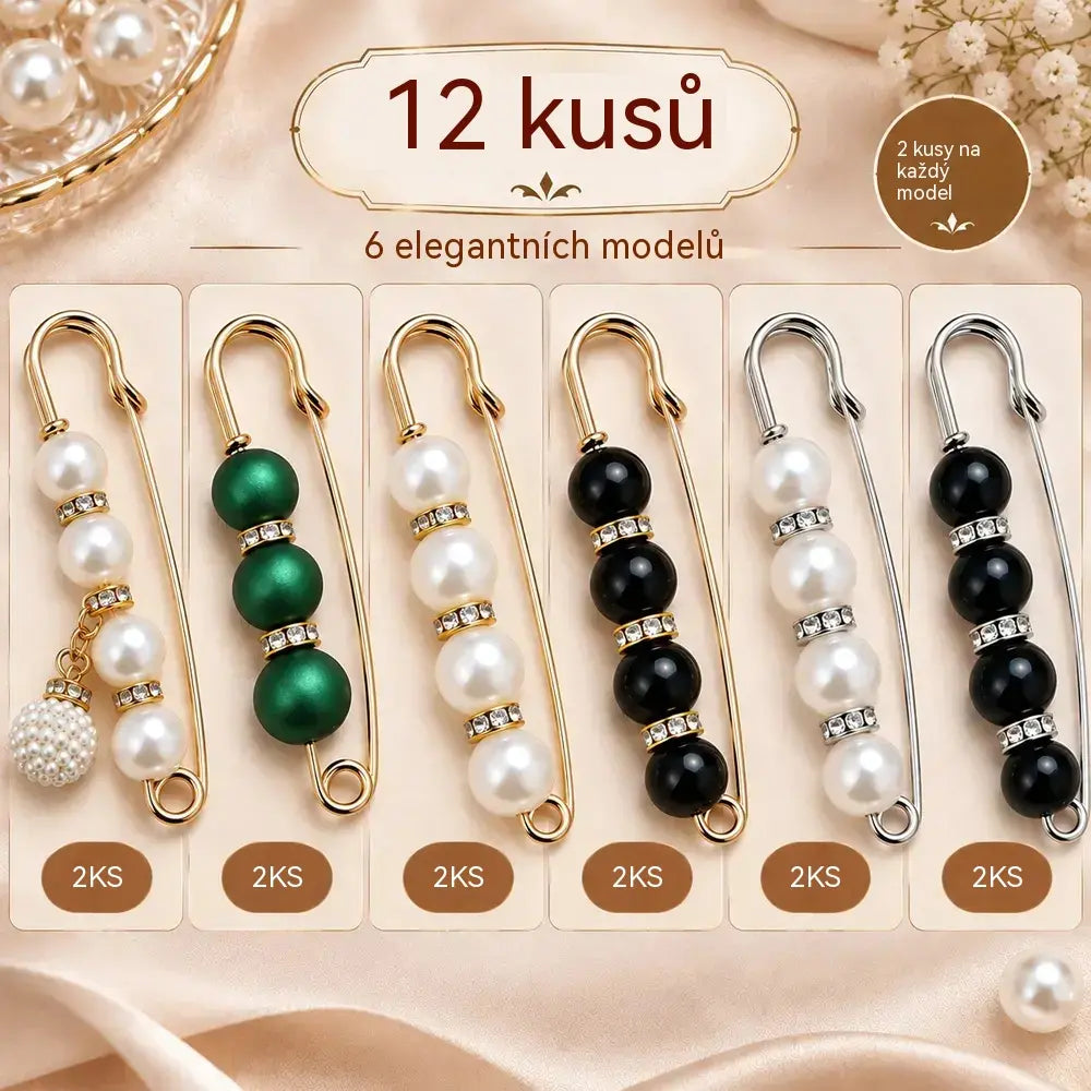 ✨ Elegantní perlové spony pro úpravu pasu a výstřihu (sada 12 kusů: 6 stylů po 2 kusech) 👗 | 💎 Bez nutnosti šití · Elegantní a praktické