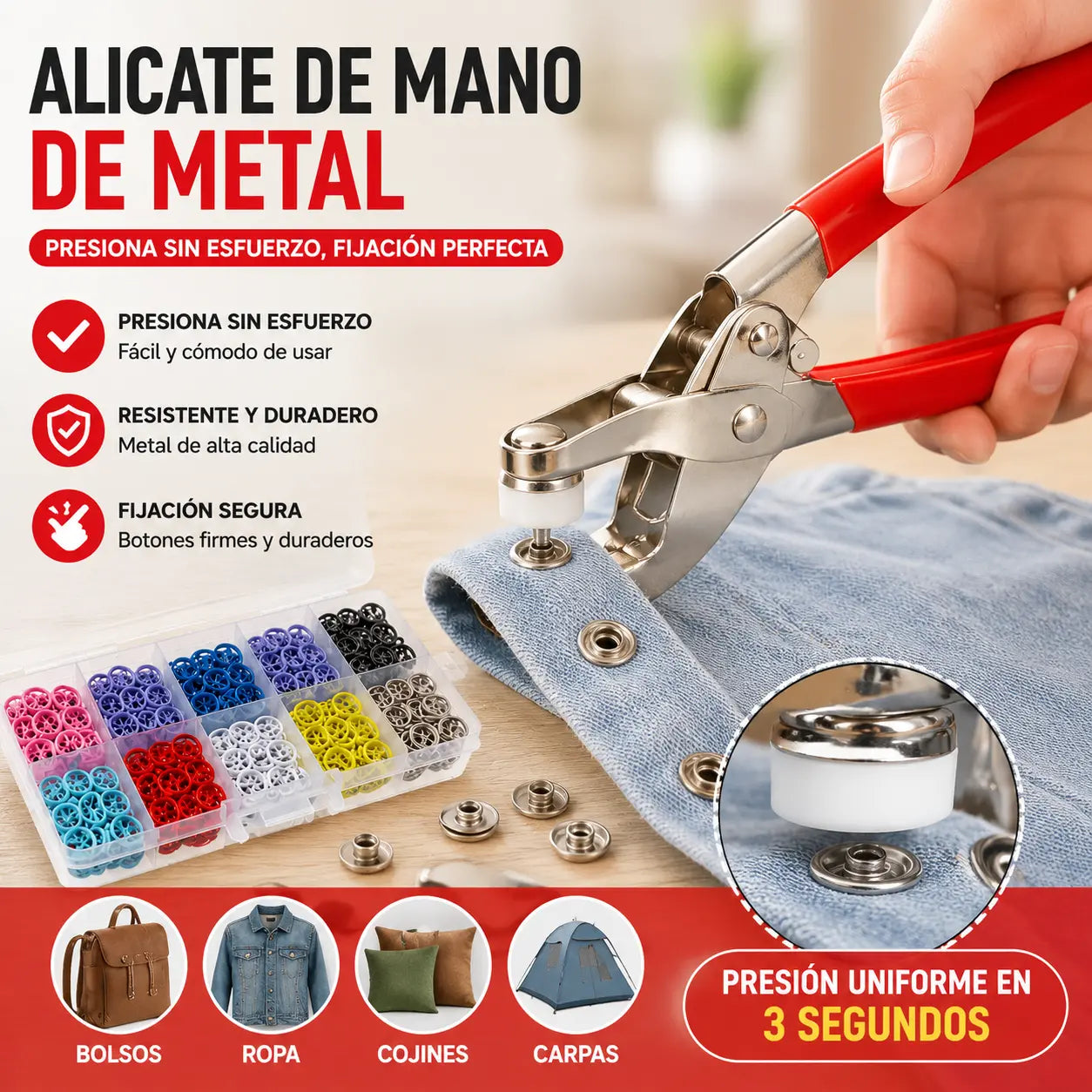 【100 pares de botones + alicates】Nuevo kit de instalación de botones sin costuras multifuncional