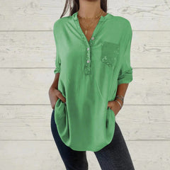 😍【S-5XL】 2025 nueva camisa casual de color sólido con cuello en V