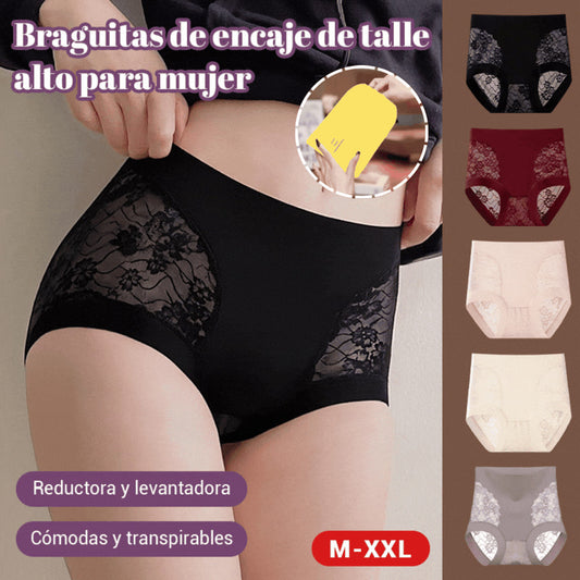 【Juego de 5 piezas】【M-2XL】Braguitas de control de abdomen de alta elasticidad con encaje sin costuras para mujer, bragas moldeadoras y levantadoras de glúteos