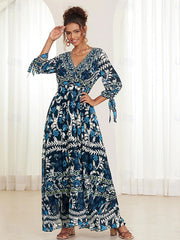 💟【S-5XL】👗Vestido largo con cuello en V y volantes florales para mujer, novedad de verano 2024, estilo bohemio para vacaciones