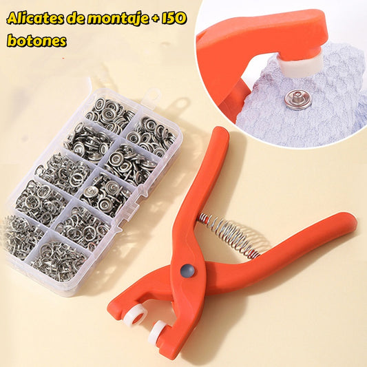 🔥【Alicates de instalación + 150 botones】Juego de alicates para botones a presión: un kit de herramientas para instalar botones fácilmente.