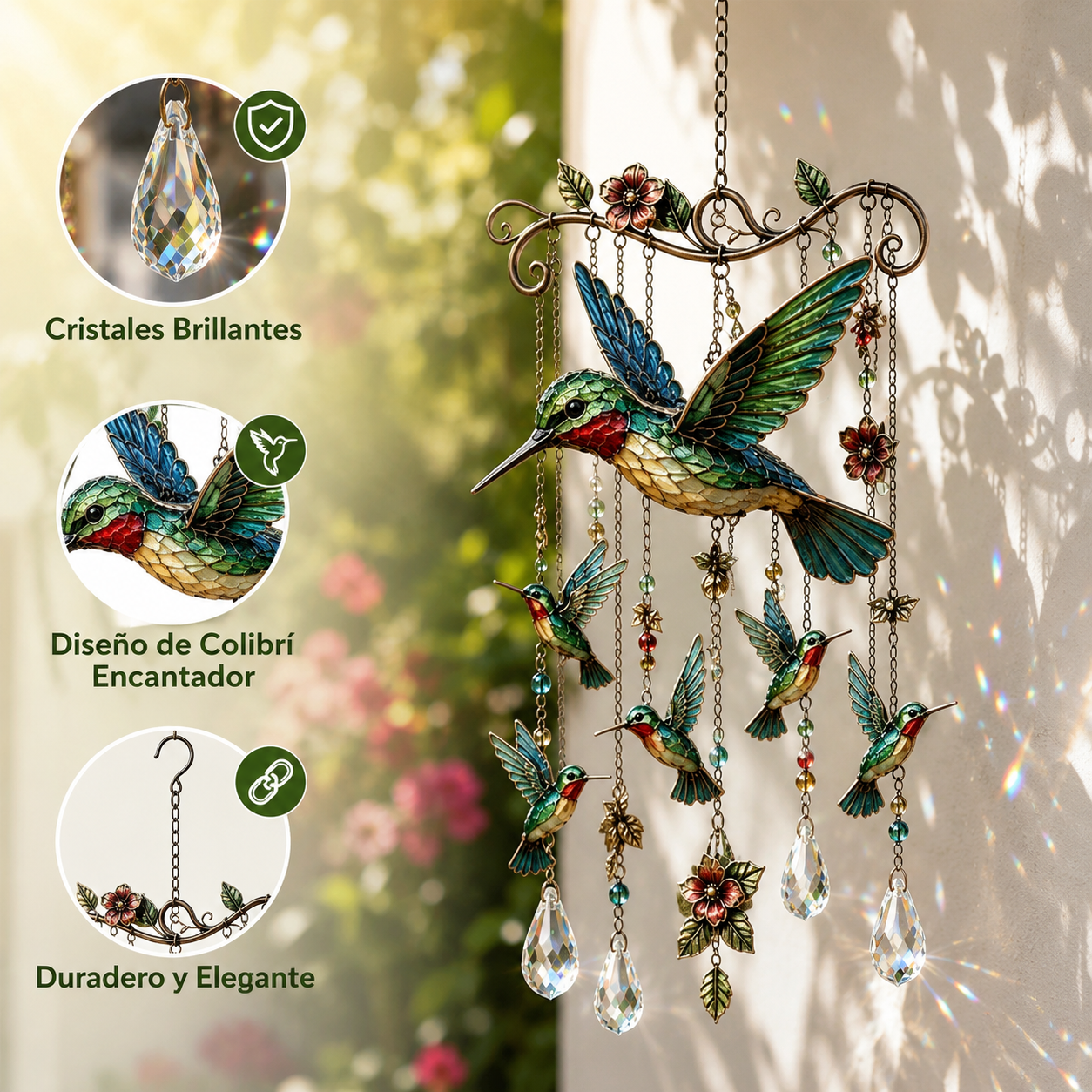 🐦Campanilla de viento de cristal con colibrí y diseño pintado de estilo retro.