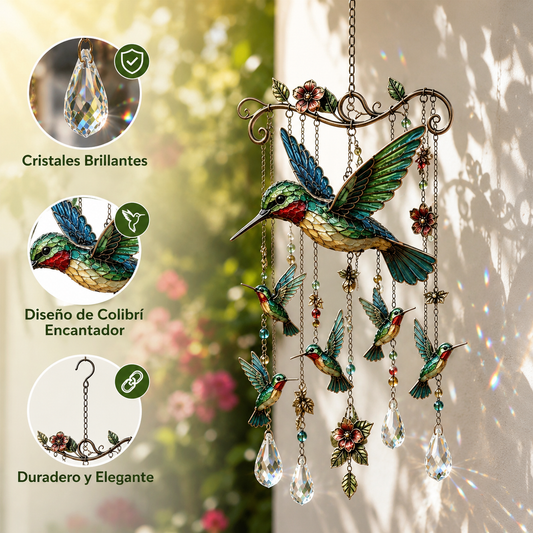 🐦Campanilla de viento de cristal con colibrí y diseño pintado de estilo retro.