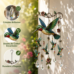 🐦Campanilla de viento de cristal con colibrí y diseño pintado de estilo retro.