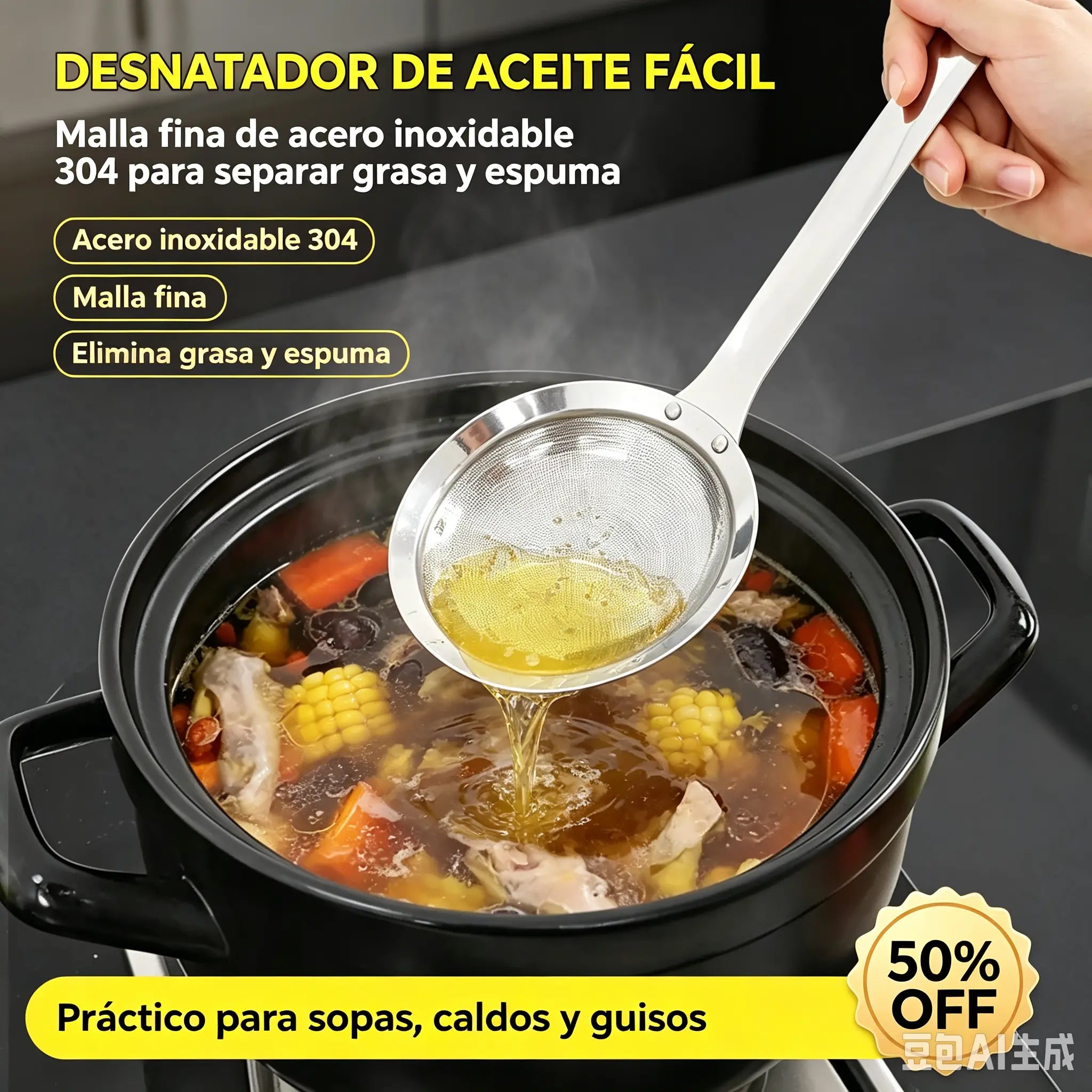 📢📢 ¡50% de descuento! 【Paquete de 3】⏰ Cuchara de filtro de acero inoxidable de malla fina 304
