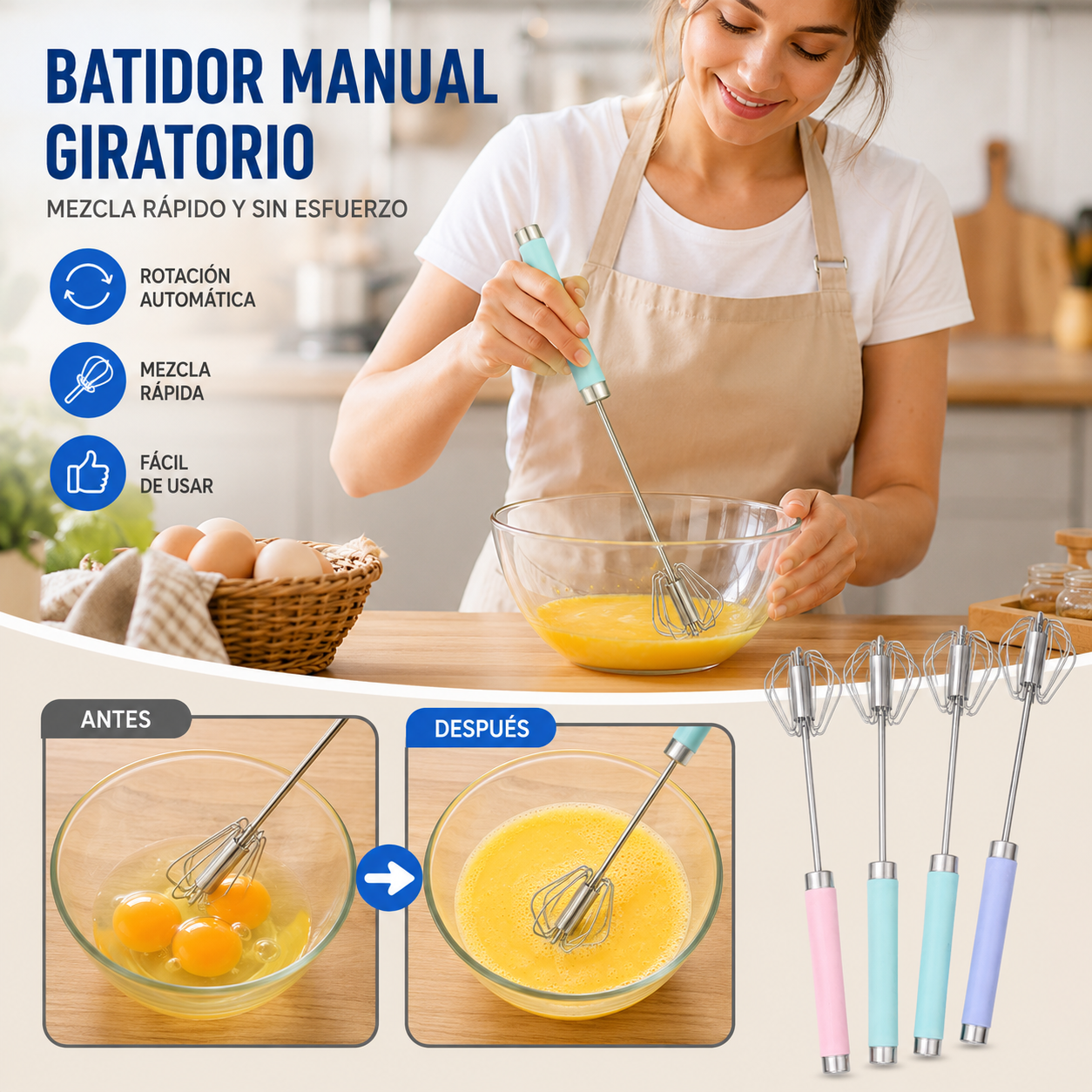 🔥Compre 1 y obtenga 1 gratis（2 piezas）🥚👩‍🍳🍳Batidor de huevos semiautomático de acero inoxidable
