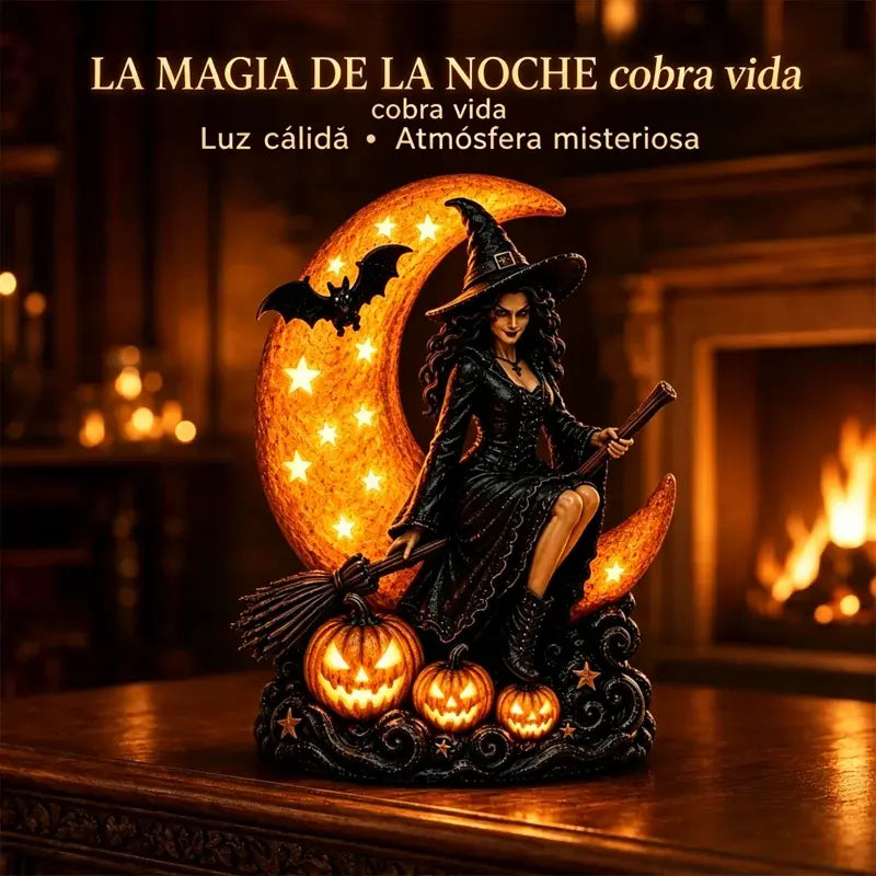 🎃🔮 Lámpara de Bruja y Luna Llena – Estatua Gótica Decorativa, Regalo Ideal 🌙 🎃