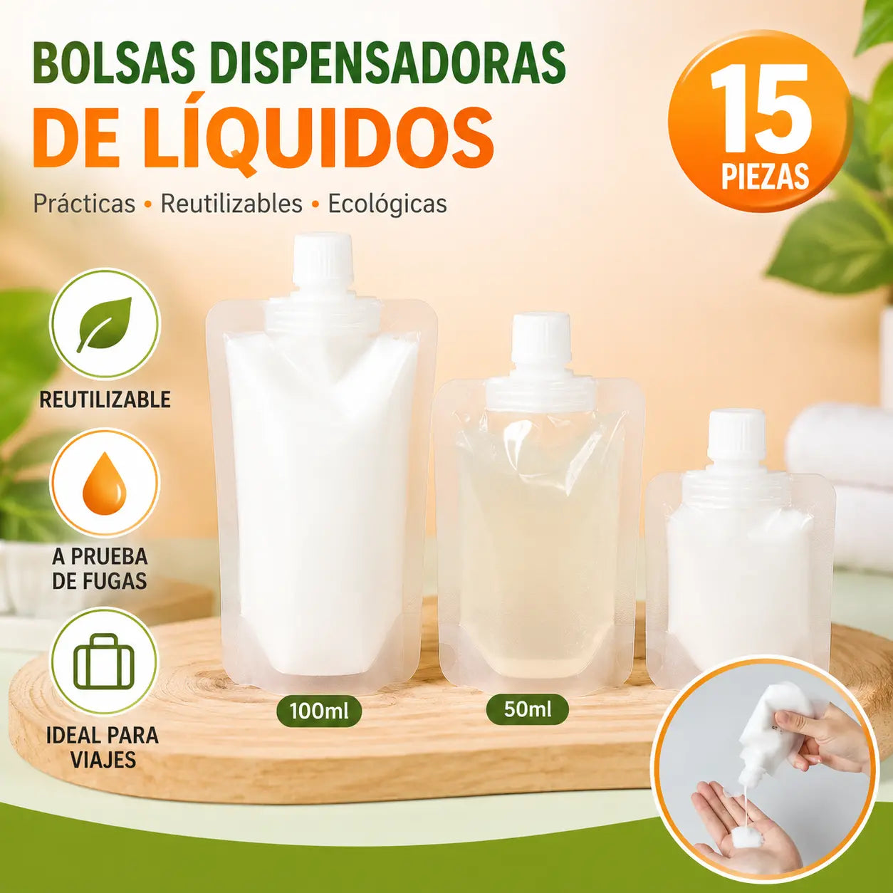 15 artículos【30ml+50ml+100ml】Las bolsas de viaje reutilizables con cierre hermético para líquidos son adecuadas para reenvasar cosméticos líquidos, limpiadores faciales, etc.