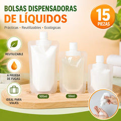 15 artículos【30ml+50ml+100ml】Las bolsas de viaje reutilizables con cierre hermético para líquidos son adecuadas para reenvasar cosméticos líquidos, limpiadores faciales, etc.