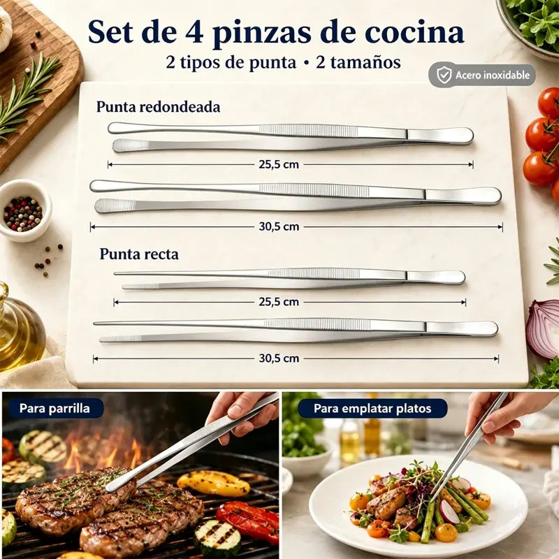 🥩🔥 Juego de 4 Pinzas de Cocina de Acero Inoxidable de Alta Calidad – Ideales para Asar, Cocinar y Servir – Diseño Ergonómico y Antideslizante 🍳