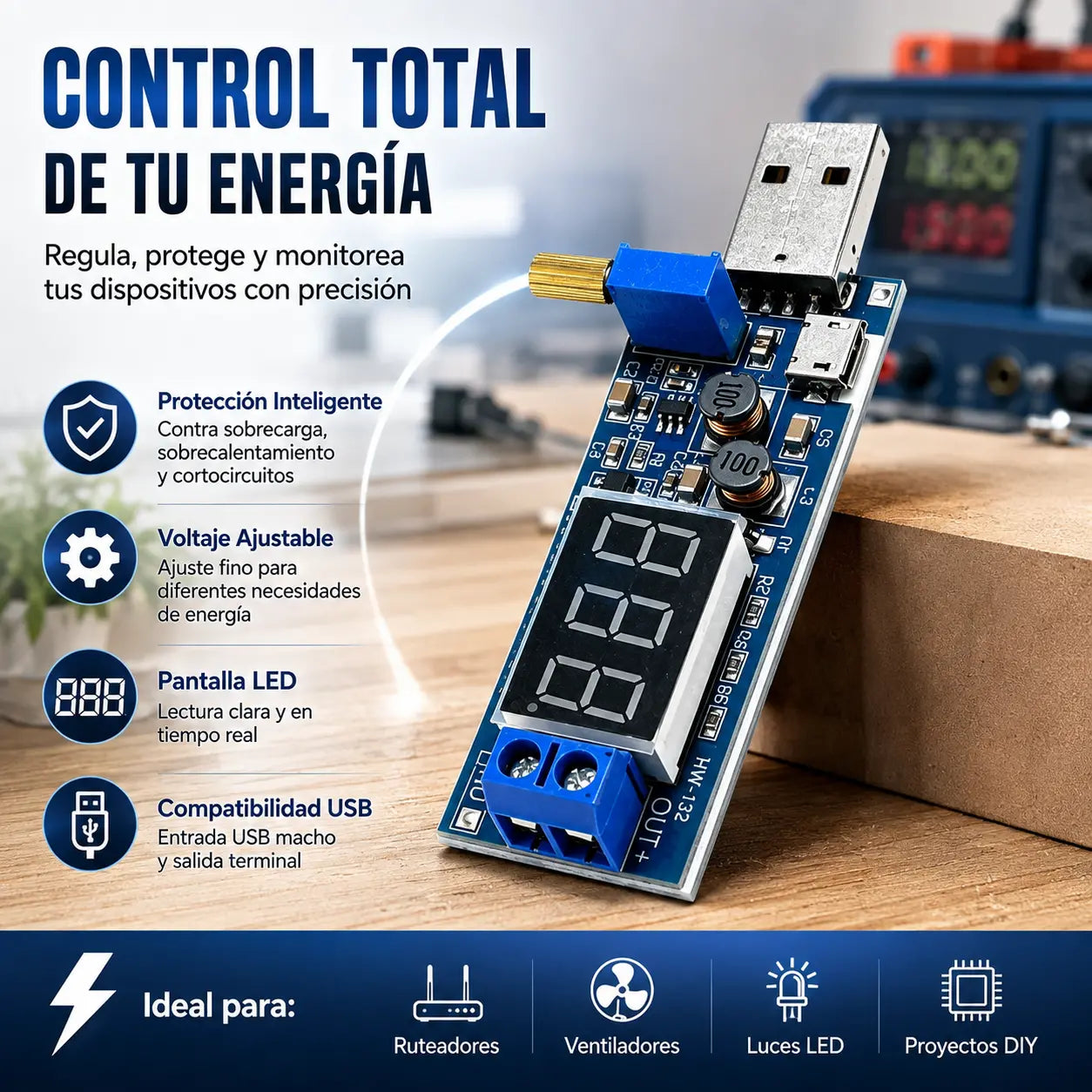 🔌【Interfaz micro + interfaz tipo C】💻 Módulo de alimentación USB ajustable – Regulador step‑up de 5V a salida múltiple (3.3‑24V) | Fuente de escritorio para todo tipo de dispositivos 🔋