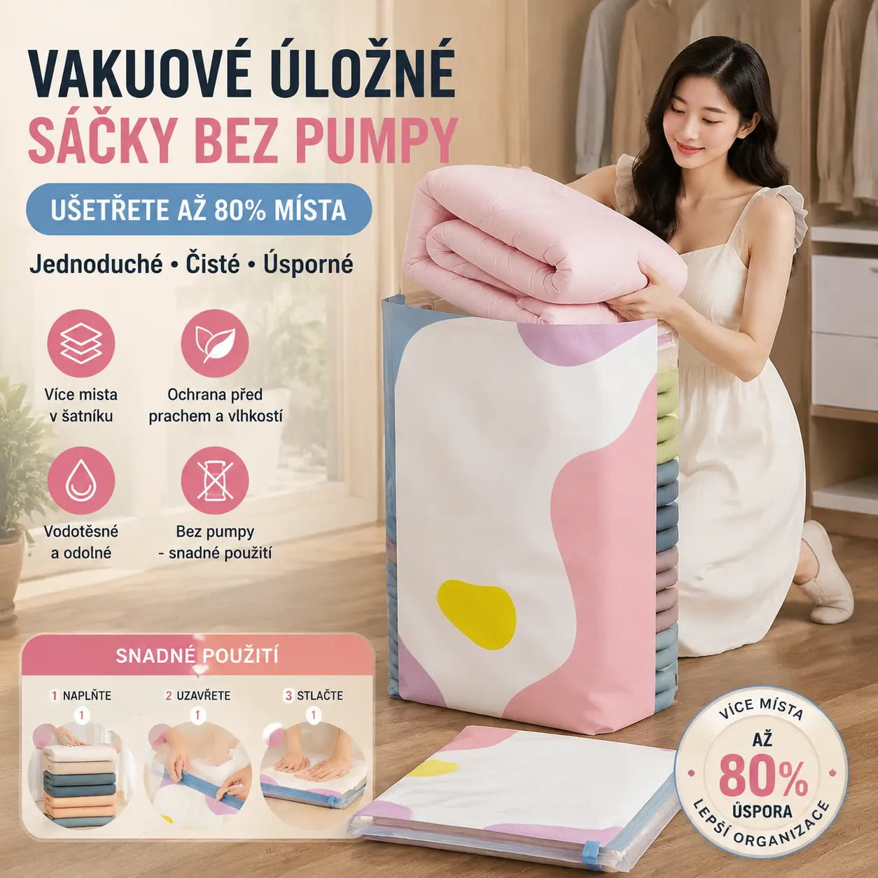 【5-dielna sada】 Veľké, stlačiteľné vákuové úložné vrecko: nevyžaduje pumpičku, je nepriepustné a ideálne na úsporu miesta v kufri a doma