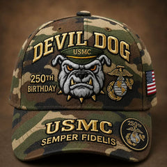 🐶🧢Gorra de béisbol "Devil Dog" del 250 aniversario del Cuerpo de Marines de EE. UU., bordada a mano.