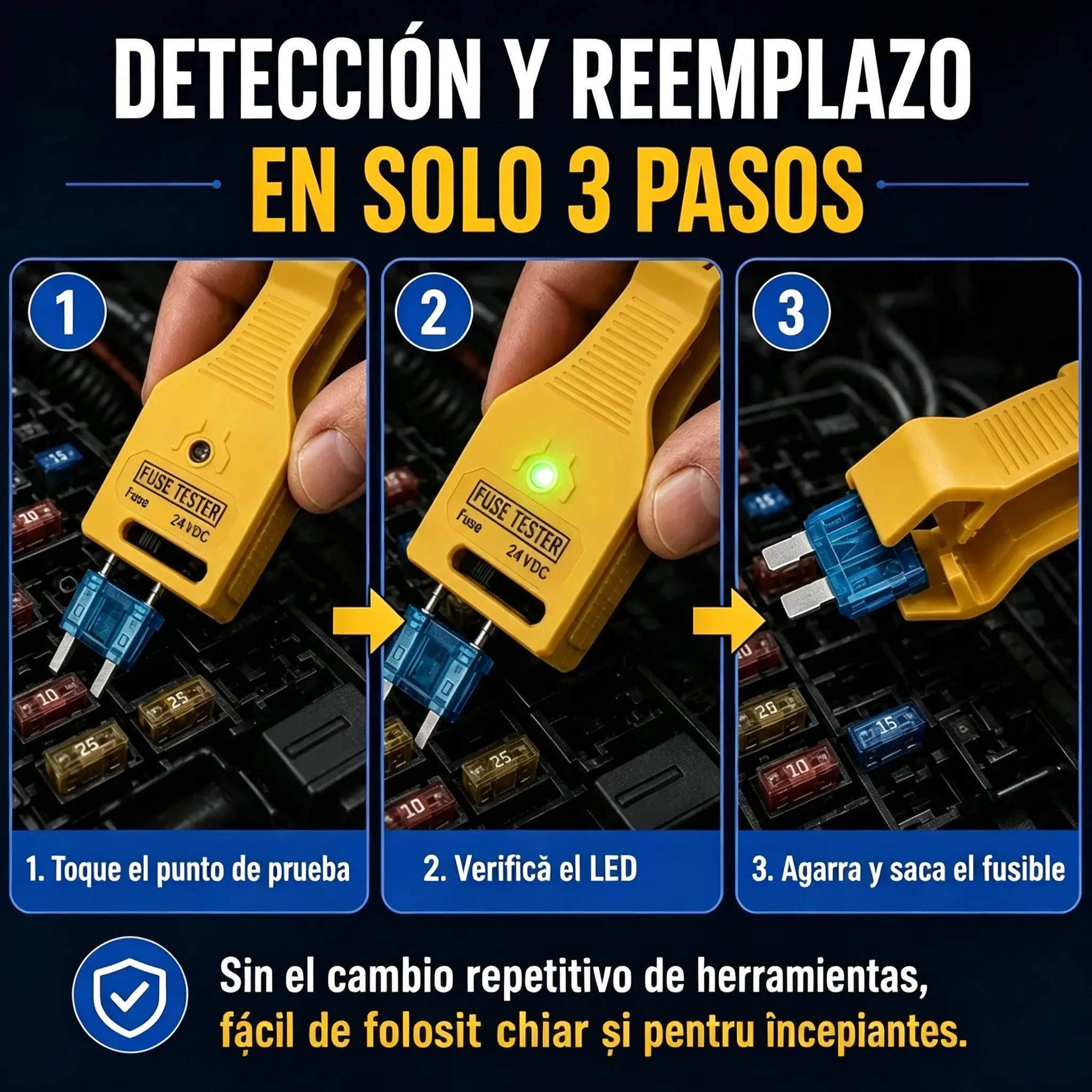 ⚡ Probador de fusibles y alicates 2 en 1 para coche (compatible con 12V/24V / indicador LED verde / espaciado ajustable / alicates extractores / para coche, camión y barco). 🚗✨