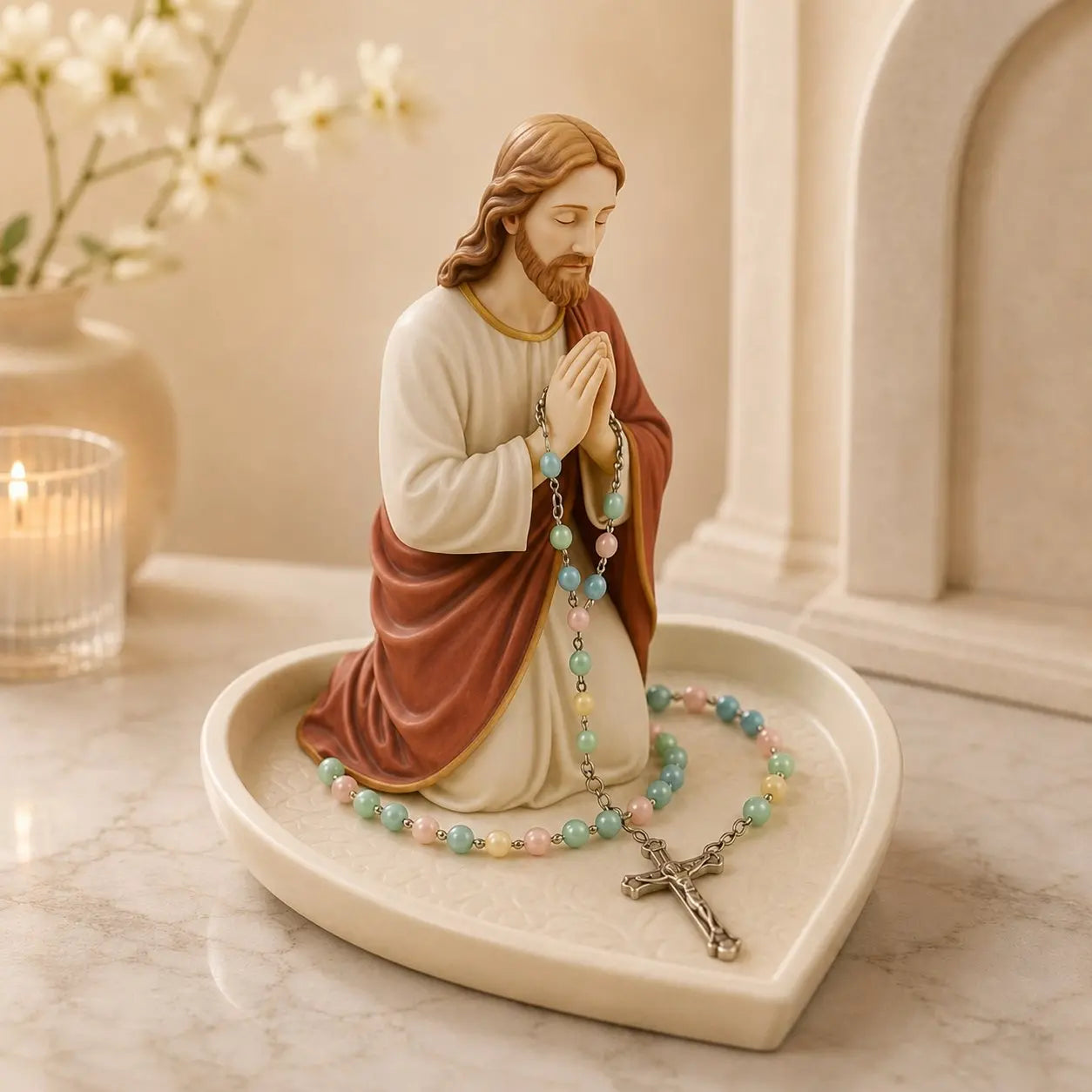 ✝️ Gran oferta: 50 % de descuento – Bandeja de cerámica «Graceful Faith» con la Virgen María para guardar rosarios o recuerdos.