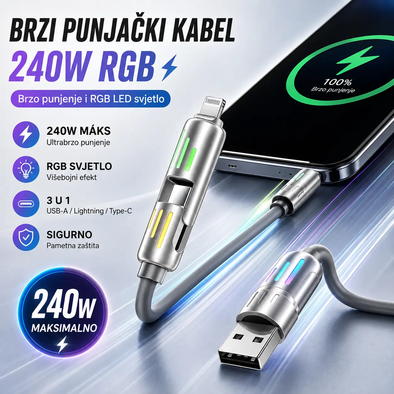 🔥 (duljine 2 metra) 4-u-1 PD 240W kabel – USB-C, Lightning i USB-A brzo punjenje, aluminij i silikon, sinkronizacija podataka ⚡📱
