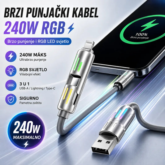 🔥 (duljine 2 metra) 4-u-1 PD 240W kabel – USB-C, Lightning i USB-A brzo punjenje, aluminij i silikon, sinkronizacija podataka ⚡📱