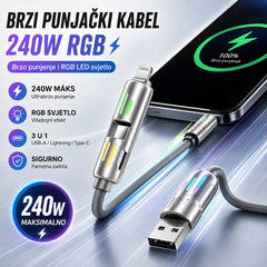 🔥 (duljine 2 metra) 4-u-1 PD 240W kabel – USB-C, Lightning i USB-A brzo punjenje, aluminij i silikon, sinkronizacija podataka ⚡📱