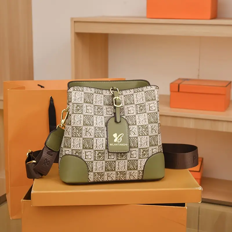 👜2026 nuevo bolso tipo cubo con letras retro,Cuero genuino de alta calidad