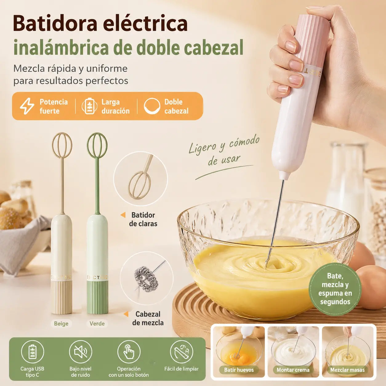 💥🥚 Mini batidora de mano inalámbrica: bate huevos y espuma leche en segundos