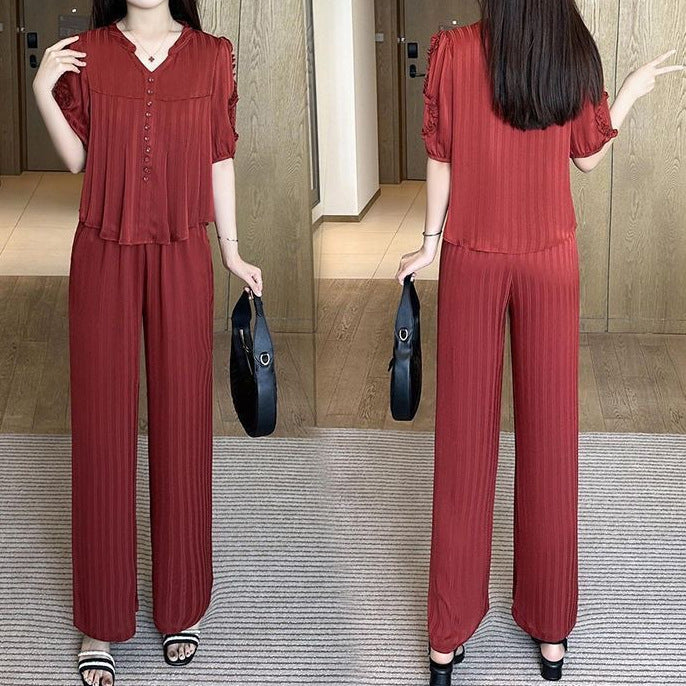 🌸【Top + Pantalones anchos】Traje de seda helada de moda