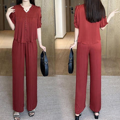 🌸【Top + Pantalones anchos】Traje de seda helada de moda