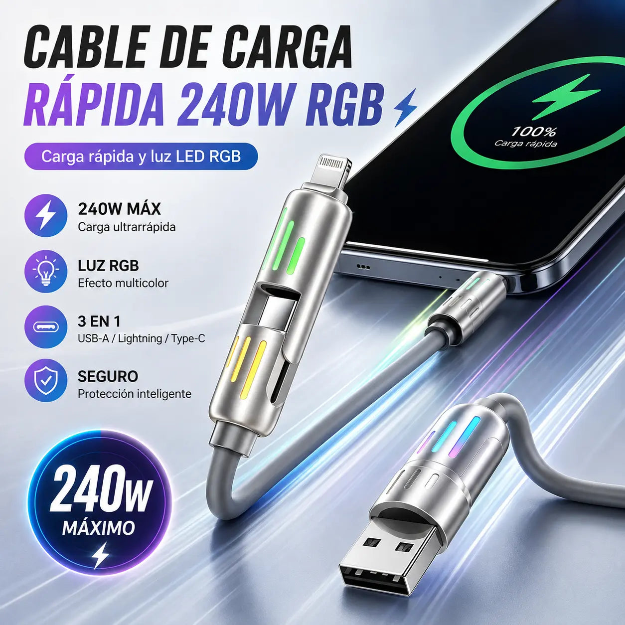 🔥 (2 metros de largo) Cable 4 en 1 PD 240 W – Carga rápida USB‑C, Lightning y USB‑A, aluminio y silicona, sincronización de datos ⚡📱