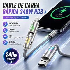🔥 (2 metros de largo) Cable 4 en 1 PD 240 W – Carga rápida USB‑C, Lightning y USB‑A, aluminio y silicona, sincronización de datos ⚡📱