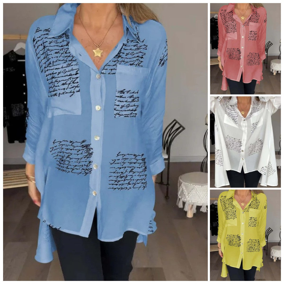 🎁Camisa con solapa a la moda con estampado de letras