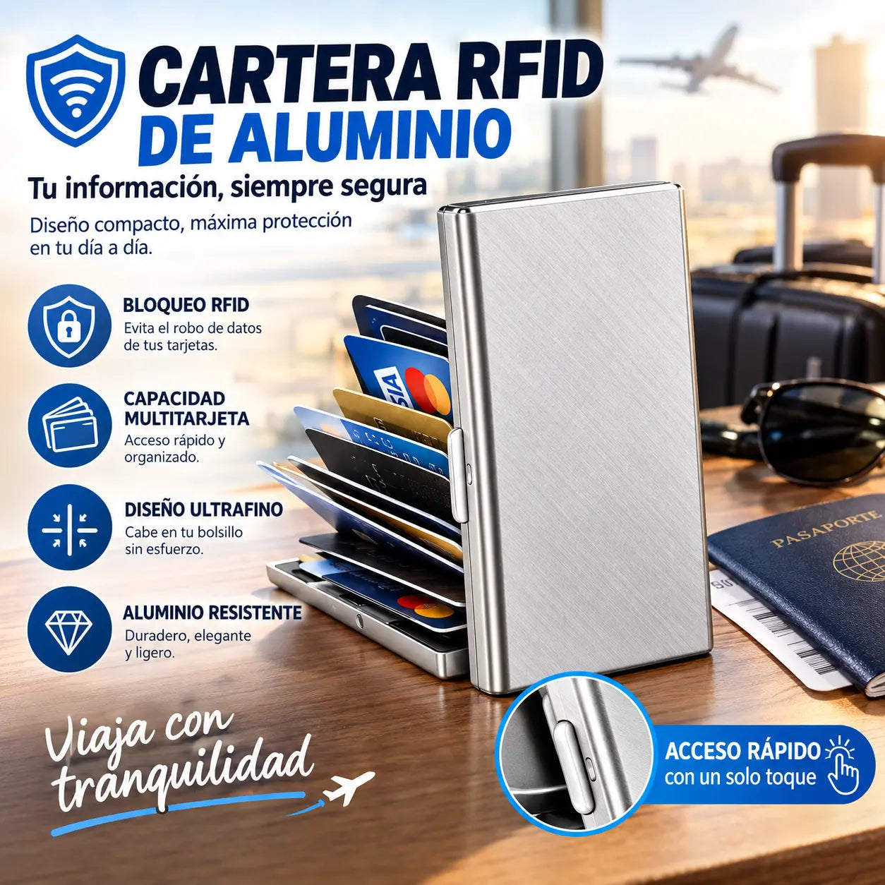 🛡️✨ Tarjetero Metálico de Acero Inoxidable con Protección RFID – Cartera de Tarjetas Antidesmagnética, Pequeña y Portátil 💳