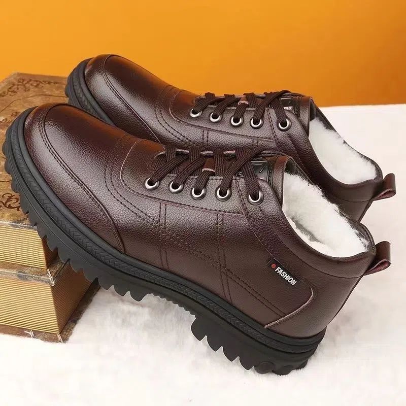 【49% OFF】【39-44】 Zapatos de cuero de suela gruesa, cálidos y esponjosos, engrosados de invierno para hombres