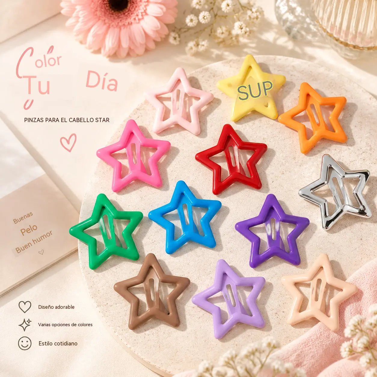 ✨🌸【50 piezas】Pinzas para el pelo con estrellas coloridas: adorables accesorios en tonos pastel para mujeres y niñas