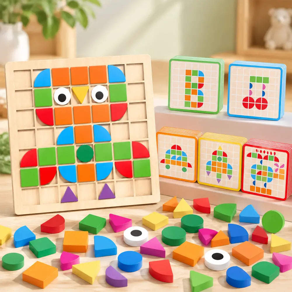 🧩 Dřevěné dětské puzzle – vzdělávací 3D hračka se 120 dílky a kartičkami s předlohami; pomůcka pro rozvoj logického myšlení a rozpoznávání geometrických tvarů 🎨