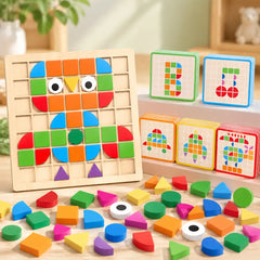 🧩 Dřevěné dětské puzzle – vzdělávací 3D hračka se 120 dílky a kartičkami s předlohami; pomůcka pro rozvoj logického myšlení a rozpoznávání geometrických tvarů 🎨