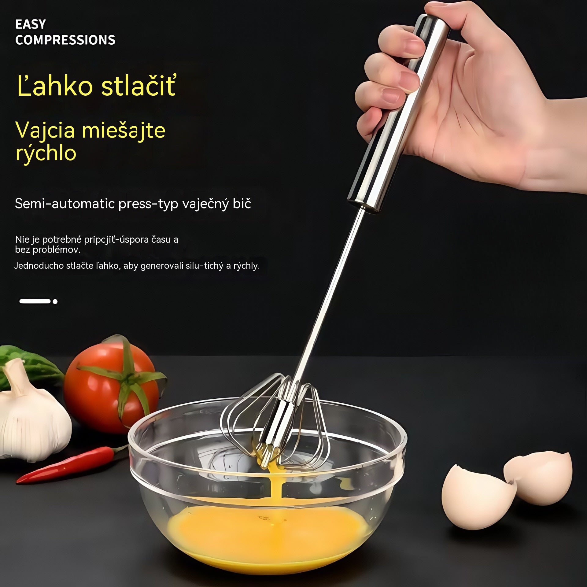24€【3-dielna sada】Nerezová poloautomatická metlička na vajcia