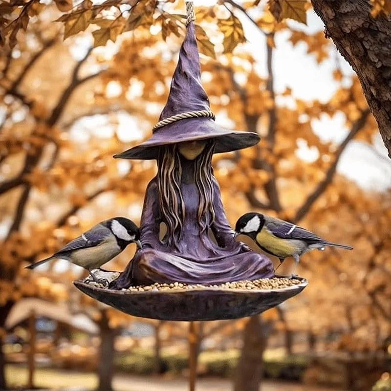 Comedero colgante para pájaros "Bruja meditando", decoración creativa y mágica para jardín, patio y terraza, material duradero.
